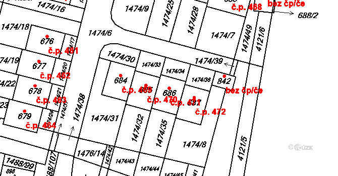 Libouchec 471 na parcele st. 686 v KÚ Libouchec, Katastrální mapa