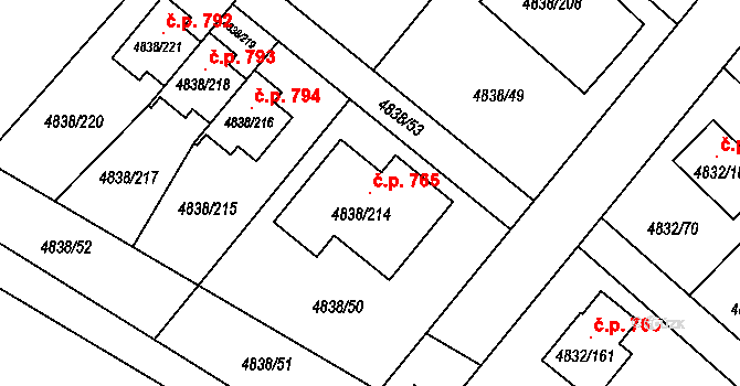 Sviadnov 765 na parcele st. 4838/214 v KÚ Sviadnov, Katastrální mapa