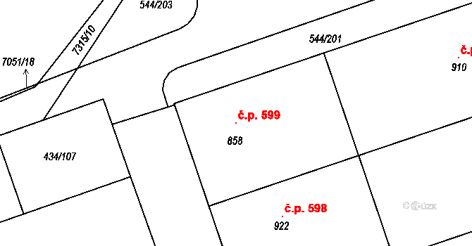 Dambořice 599 na parcele st. 858 v KÚ Dambořice, Katastrální mapa