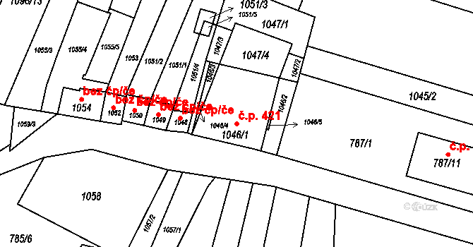 Jaroslavice 421 na parcele st. 1046/1 v KÚ Jaroslavice, Katastrální mapa