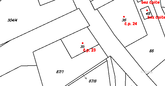 Dolní Těšice 23 na parcele st. 35 v KÚ Dolní Těšice, Katastrální mapa