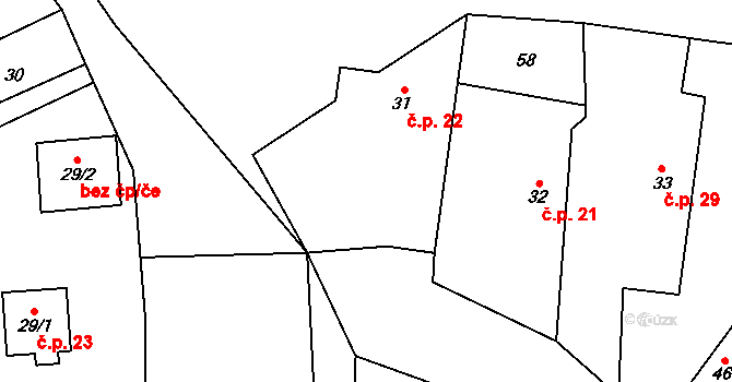 Nouzov 22, Chotěšice na parcele st. 31 v KÚ Nouzov u Dymokur, Katastrální mapa