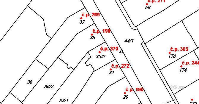 Rousínov 370 na parcele st. 33/2 v KÚ Rousínov u Vyškova, Katastrální mapa