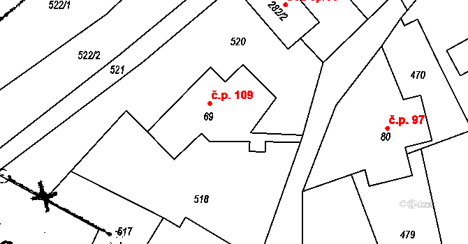 Prácheň 109, Kamenický Šenov na parcele st. 69 v KÚ Prácheň, Katastrální mapa