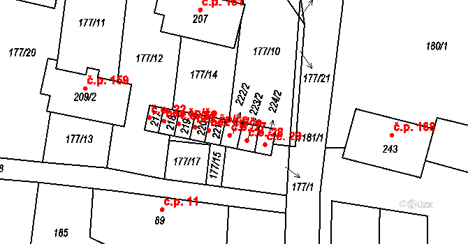 Liběšice 28 na parcele st. 223/2 v KÚ Liběšice u Litoměřic, Katastrální mapa