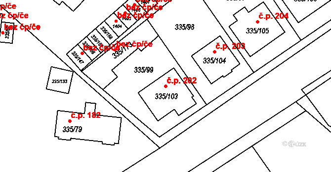 Myslibořice 202 na parcele st. 335/103 v KÚ Myslibořice, Katastrální mapa