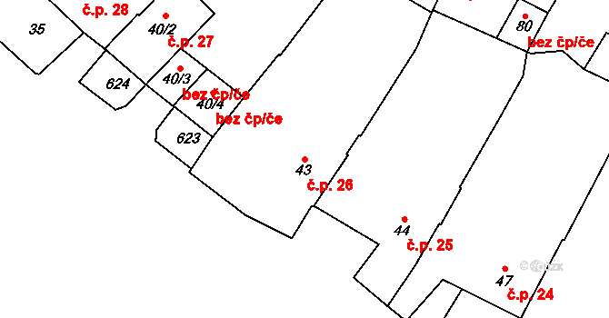 Slavice 26, Třebíč na parcele st. 43 v KÚ Slavice, Katastrální mapa