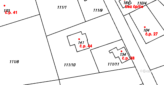Chlístov 44, Železný Brod na parcele st. 141 v KÚ Chlístov u Železného Brodu, Katastrální mapa