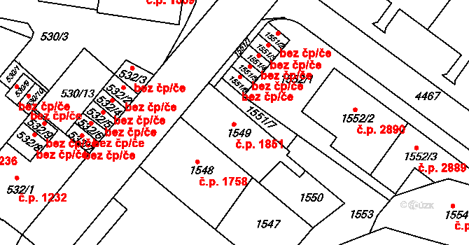 Teplice 1851 na parcele st. 1549 v KÚ Teplice, Katastrální mapa