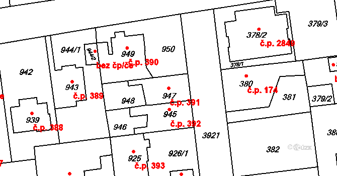 Horní Počernice 391, Praha na parcele st. 947 v KÚ Horní Počernice, Katastrální mapa