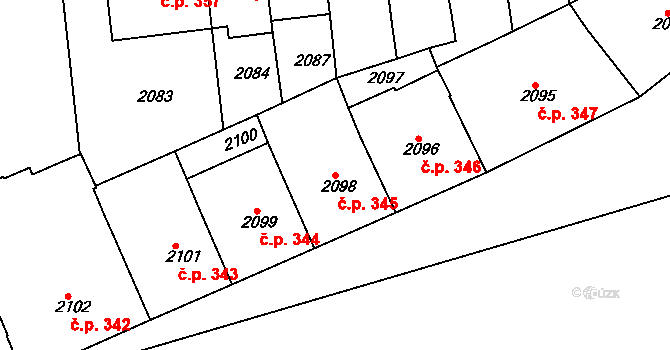 Holešovice 345, Praha na parcele st. 2098 v KÚ Holešovice, Katastrální mapa