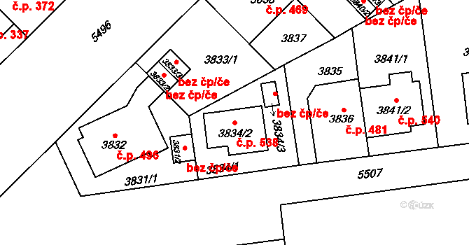 Božkov 538, Plzeň na parcele st. 3834/2 v KÚ Plzeň, Katastrální mapa