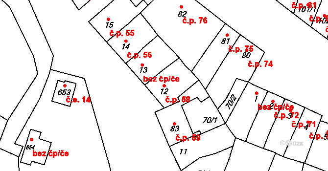 Domamyslice 58, Prostějov na parcele st. 12 v KÚ Domamyslice, Katastrální mapa