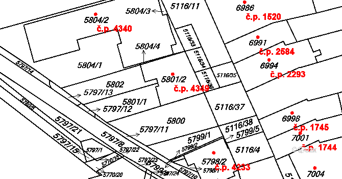 Židenice 4349, Brno na parcele st. 5801/2 v KÚ Židenice, Katastrální mapa