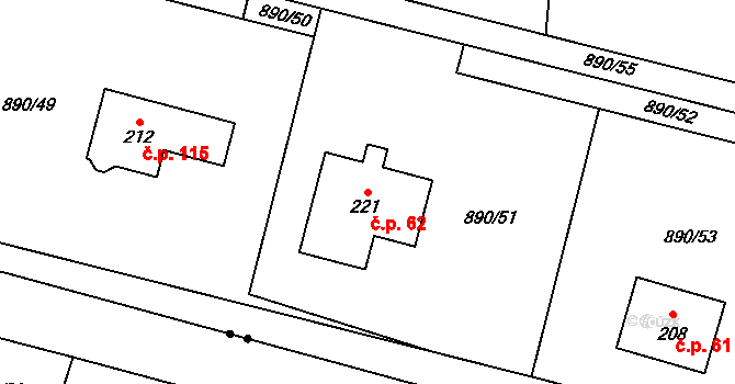 Boubská 62, Vimperk na parcele st. 221 v KÚ Boubská, Katastrální mapa