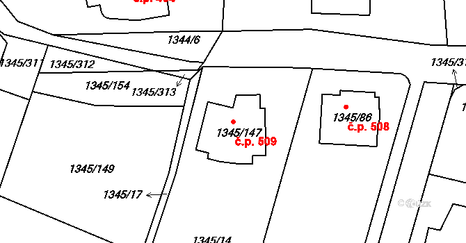 Pokratice 509, Litoměřice na parcele st. 1345/147 v KÚ Pokratice, Katastrální mapa