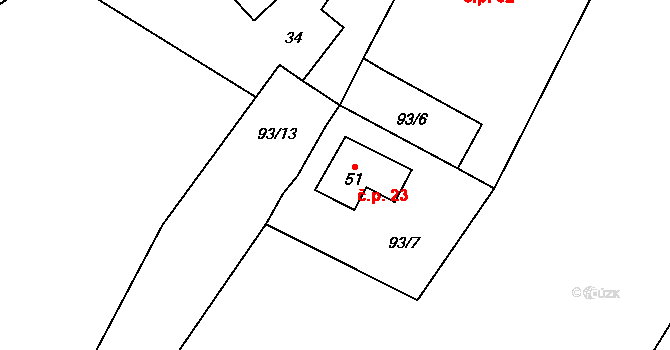 Panenská 23, Jemnice na parcele st. 51 v KÚ Panenská, Katastrální mapa