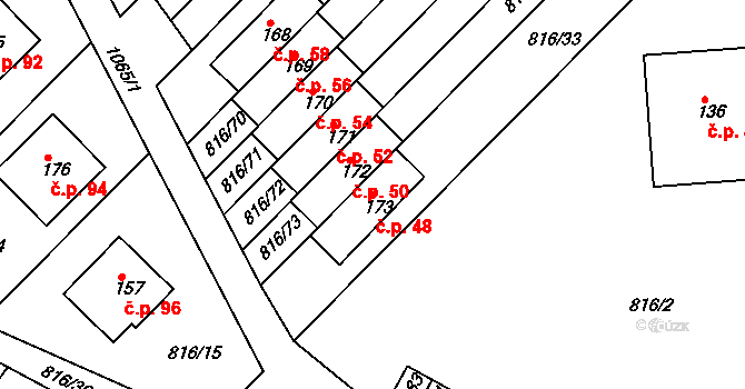 Hošťálkovy 48 na parcele st. 173 v KÚ Hošťálkovy, Katastrální mapa