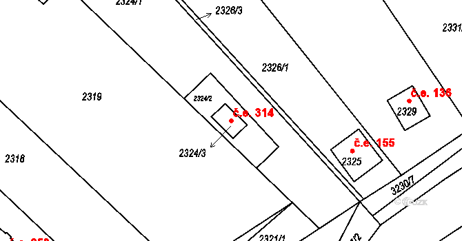 Strkov 314, Planá nad Lužnicí na parcele st. 2324/3 v KÚ Planá nad Lužnicí, Katastrální mapa
