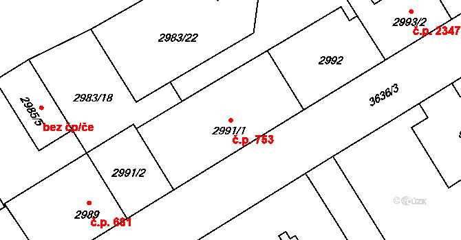 Moravská Ostrava 753, Ostrava na parcele st. 2991/1 v KÚ Moravská Ostrava, Katastrální mapa