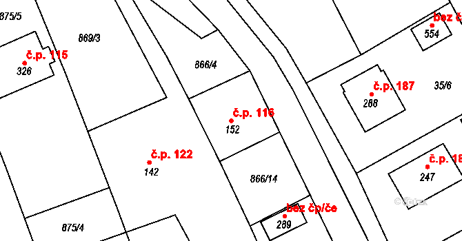 Hrádek na Vlárské dráze 116, Slavičín na parcele st. 152 v KÚ Hrádek na Vlárské dráze, Katastrální mapa