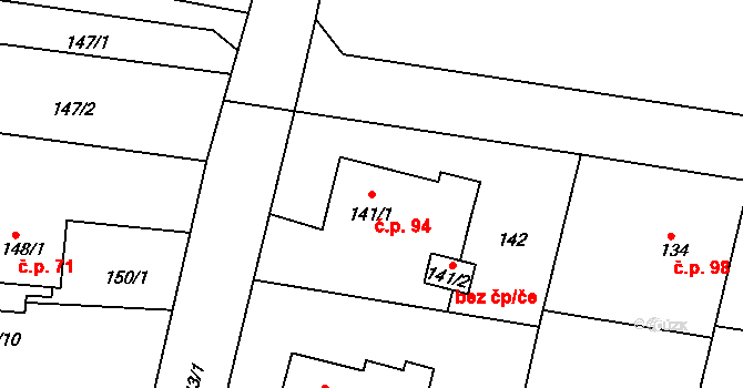 Chvalíkovice 94 na parcele st. 141/1 v KÚ Chvalíkovice, Katastrální mapa
