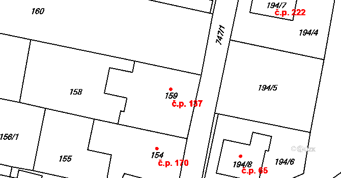 Strahovice 137 na parcele st. 159 v KÚ Strahovice, Katastrální mapa