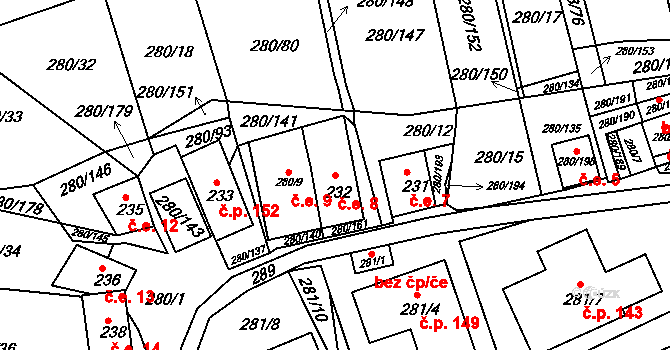 Nový Šaldorf 8, Nový Šaldorf-Sedlešovice na parcele st. 232 v KÚ Nový Šaldorf, Katastrální mapa