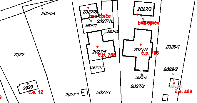 Bosonohy 765, Brno na parcele st. 2027/6 v KÚ Bosonohy, Katastrální mapa
