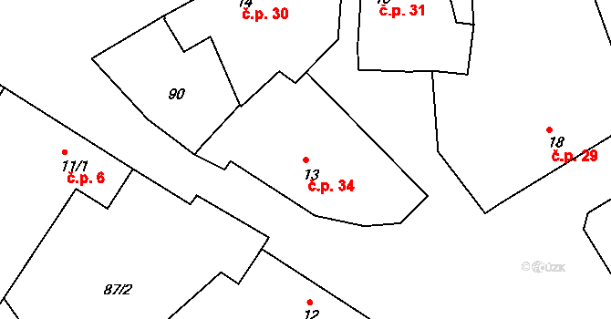 Chvaletice 34, Protivín na parcele st. 13 v KÚ Chvaletice u Protivína, Katastrální mapa