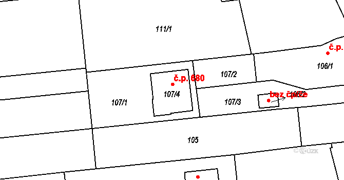 Postřelmov 680 na parcele st. 107/4 v KÚ Postřelmov, Katastrální mapa