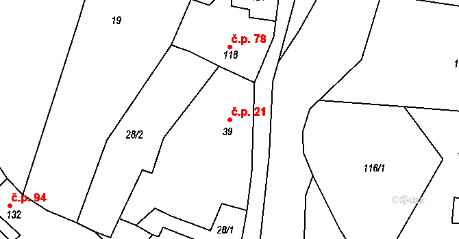 Lučice 21 na parcele st. 39 v KÚ Lučice, Katastrální mapa