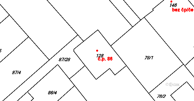 Šelešovice 86 na parcele st. 128 v KÚ Šelešovice, Katastrální mapa