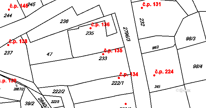 Hranice IV-Drahotuše 135, Hranice na parcele st. 233 v KÚ Drahotuše, Katastrální mapa