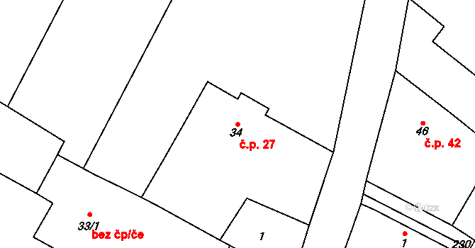 Vodranty 27 na parcele st. 34 v KÚ Vodranty, Katastrální mapa