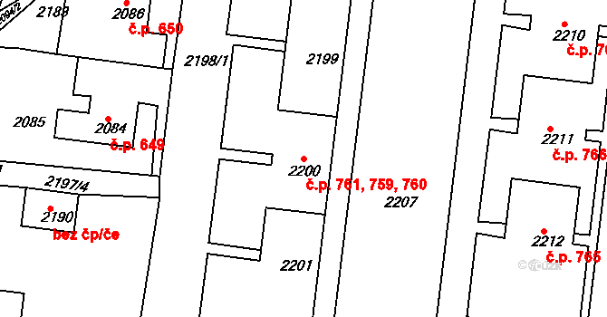 Zruč nad Sázavou 759,760,761 na parcele st. 2201 v KÚ Zruč nad Sázavou, Katastrální mapa