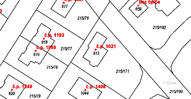 Rudná 1021 na parcele st. 613 v KÚ Hořelice, Katastrální mapa