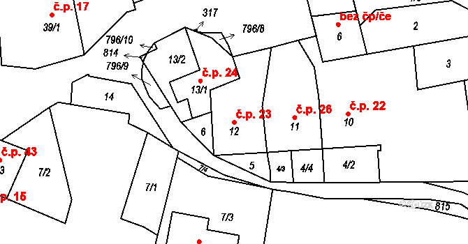 Heroltice 23 na parcele st. 12 v KÚ Heroltice u Tišnova, Katastrální mapa