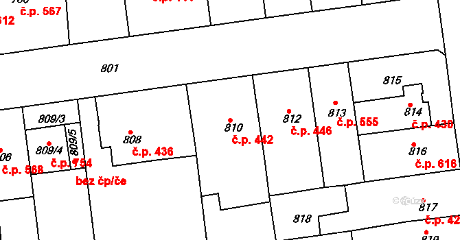 Židlochovice 442 na parcele st. 810 v KÚ Židlochovice, Katastrální mapa