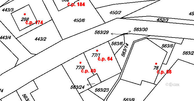Horní Dubenky 64 na parcele st. 77/1 v KÚ Horní Dubenky, Katastrální mapa