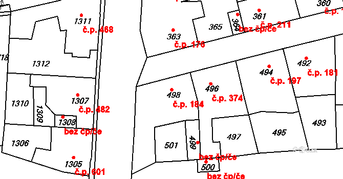 Švermov 184, Kladno na parcele st. 498 v KÚ Motyčín, Katastrální mapa