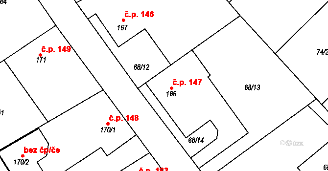 Broumy 147 na parcele st. 166 v KÚ Broumy, Katastrální mapa