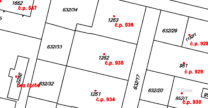 Uničov 935 na parcele st. 1252 v KÚ Uničov, Katastrální mapa