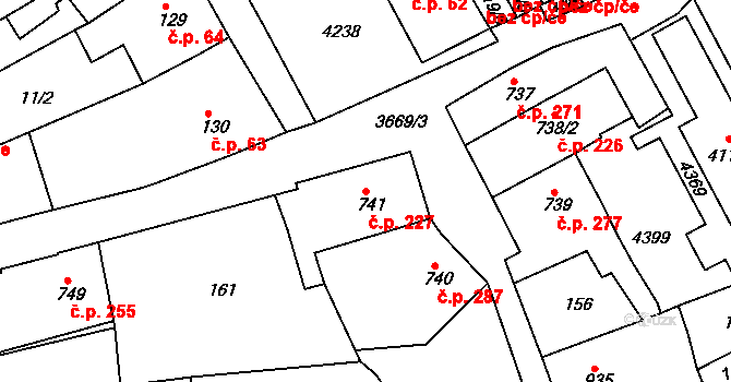 Žichlínské Předměstí 227, Lanškroun na parcele st. 741 v KÚ Lanškroun, Katastrální mapa