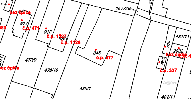 Litovel 477 na parcele st. 845 v KÚ Litovel, Katastrální mapa