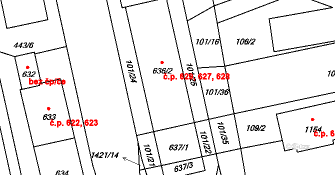 Blovice 627,628,629 na parcele st. 636/2 v KÚ Blovice, Katastrální mapa