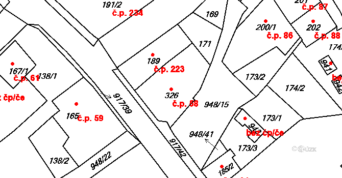 Borohrádek 58 na parcele st. 326 v KÚ Borohrádek, Katastrální mapa