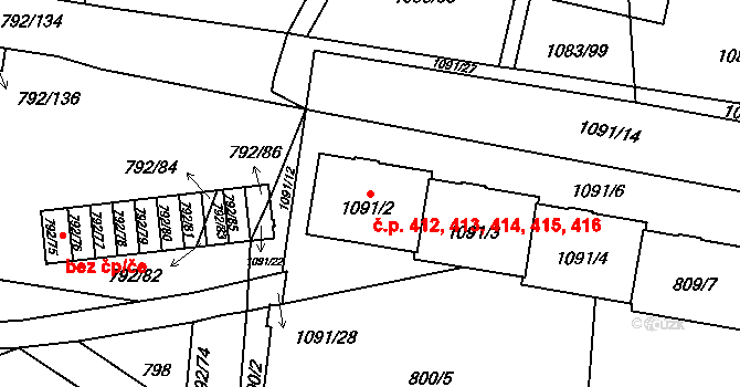 Troja 412,413,414,415,416, Praha na parcele st. 1091/2 v KÚ Troja, Katastrální mapa