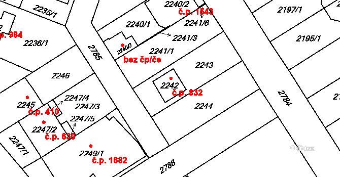 Kyje 832, Praha na parcele st. 2242 v KÚ Kyje, Katastrální mapa