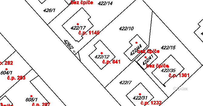 Doubravka 841, Plzeň na parcele st. 422/12 v KÚ Doubravka, Katastrální mapa